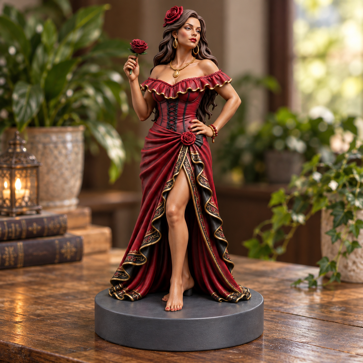 Imagem de Pomba Gira com vestido vermelho, rosa e uma flor